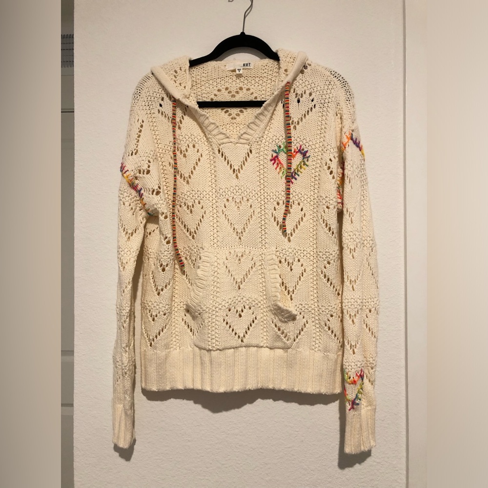 Kut from the Kloth Carmen Cream Open-Knit Heart Hoodie Multicolor Stitching M